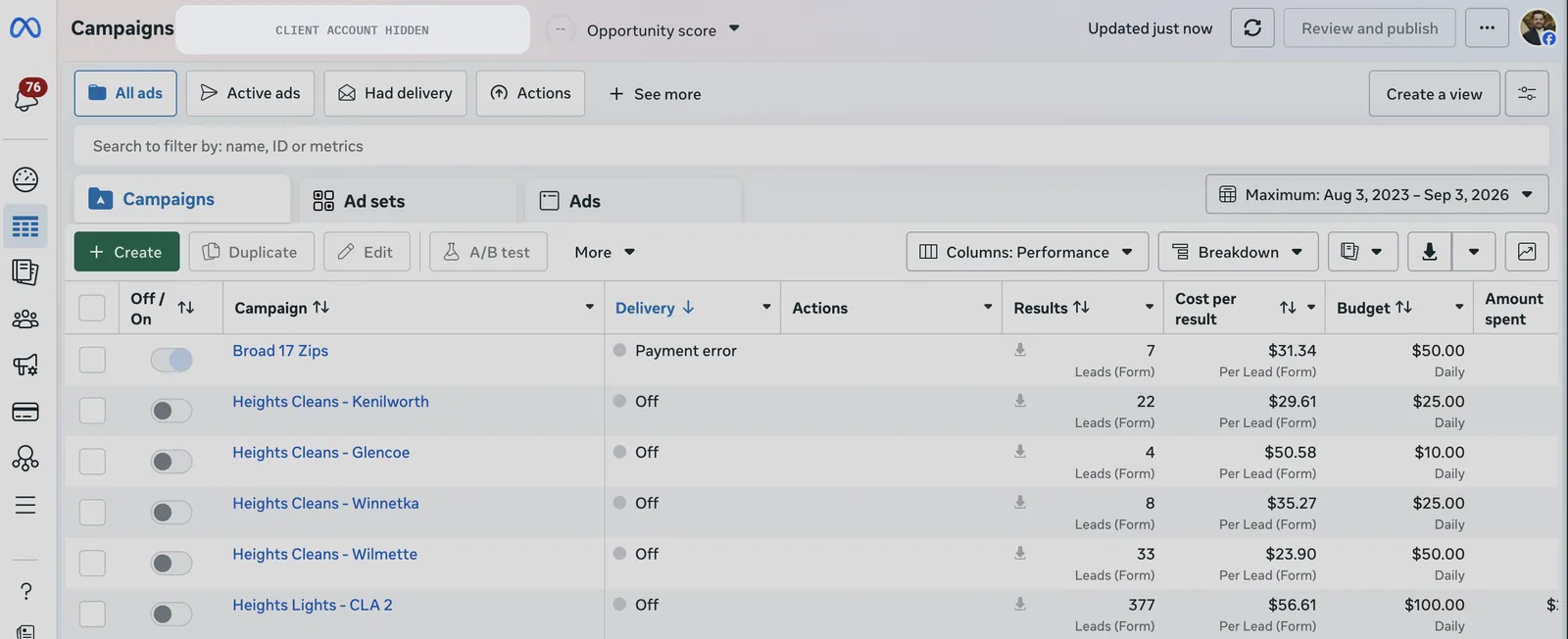 Meta Ads Manager showing cleaning campaigns by suburb with cost per lead from $23.90 to $50.58.